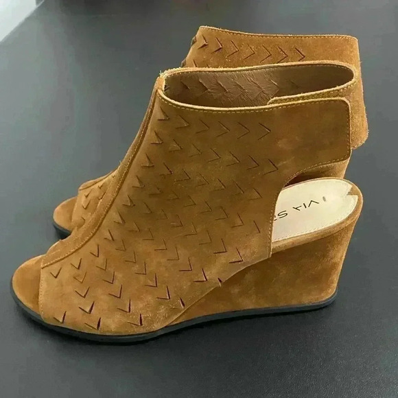 Via Spiga Wedge Heel Sandals New NWOT Brown Cognac Leather Suede - Picture 8 of 13